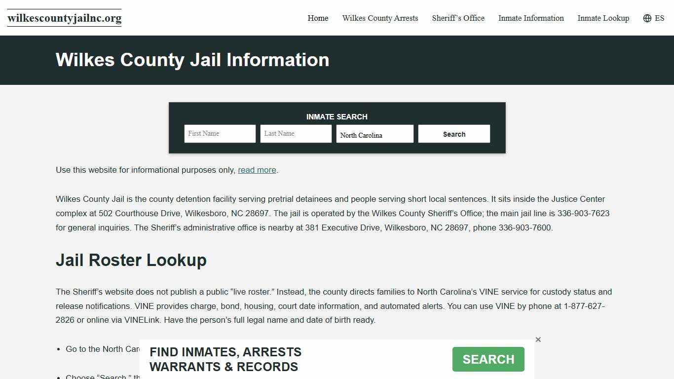 Wilkes County, NC Jail Roster, Inmate Info